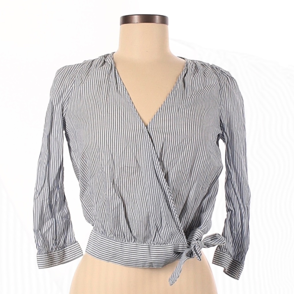 Madewell White and Blue Cuffed Sleeve Wrap Blouse